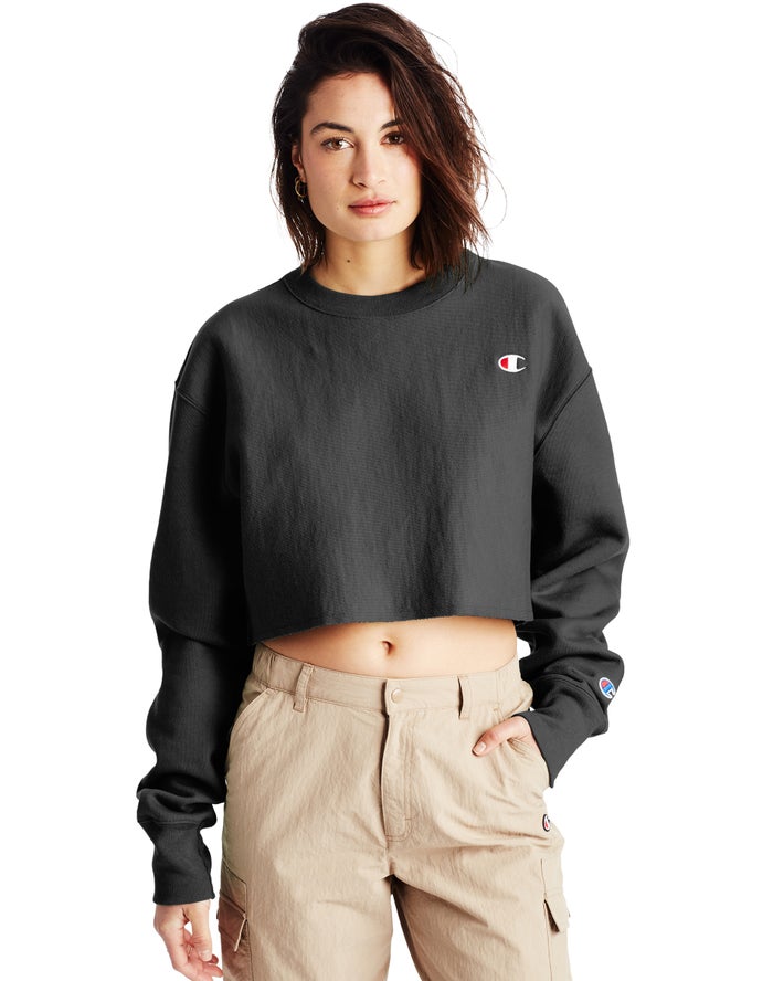 Champion Womens Sweatshirt NZ - Reverse Weave Cropped Cut-Off Crew Black ( 5794-YKCTP )